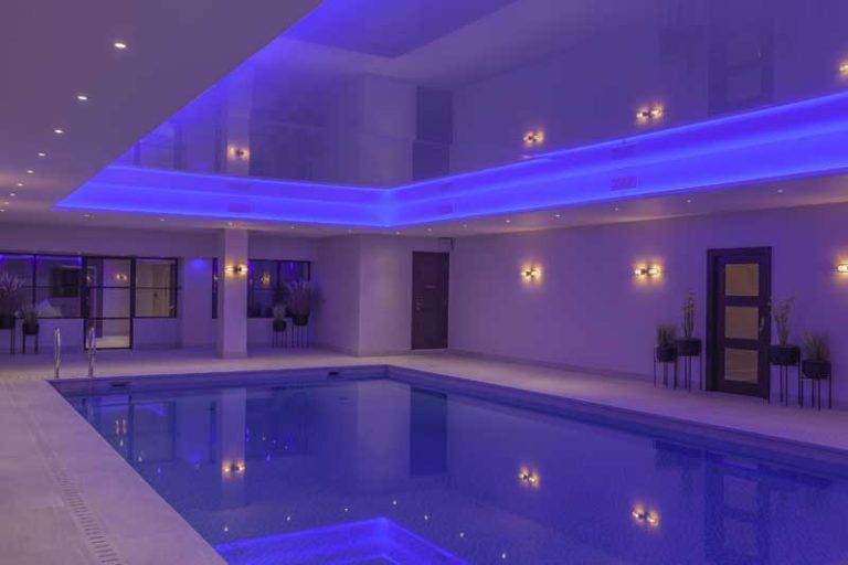 blue lighting in a swimming pool